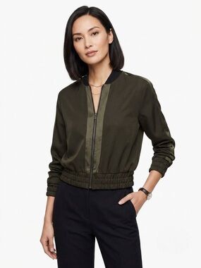 Club Monaco Olive Green Satin Trim Bomber Jacket XS Sophisticated Minimalist